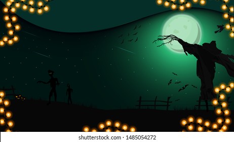 Halloween night, night landscape with full moon, Scarecrow, witches and zombies, illustration for your creativity