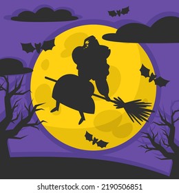 Halloween night landscape illustration with tombstones, witch on broomstick and full moon