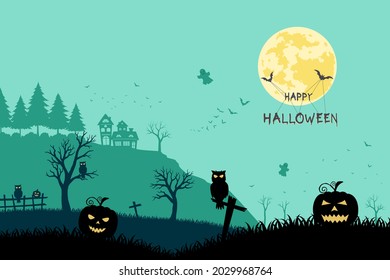 Halloween night landscape on silhouette background,vector illustration
