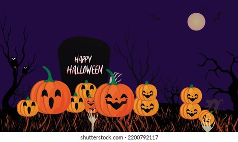 Halloween night landscape poster. Group of pumpkins with scary and funny face under the moonlight. Scary trees with owl and gravestone in the background. 