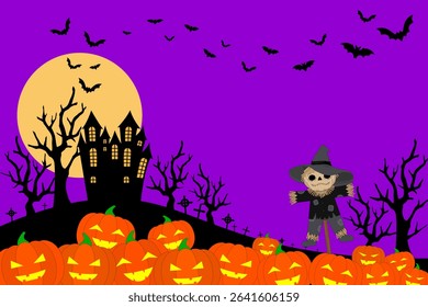Halloween Night Landscape with Pumpkins, Scarecrow and Haunted House in Graveyard. Spooky Halloween Scene with Full Moon, Bats and Jack-o'-Lanterns. Creepy Halloween Background with Haunted Mansion.
