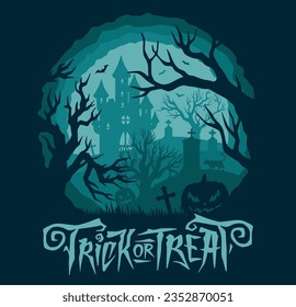 Halloween night landscape sticker colorful pumpkins with scary smile and graves near castle with text trick or treat vector illustration