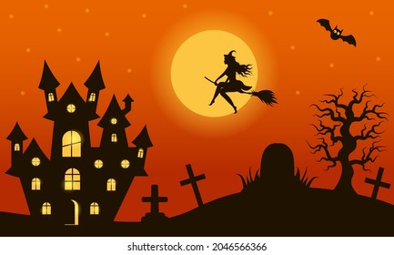 Halloween night landscape with witch flying on broomstick above cemetery with tombstones and scary castle. Full moon is shining and bat is flying.