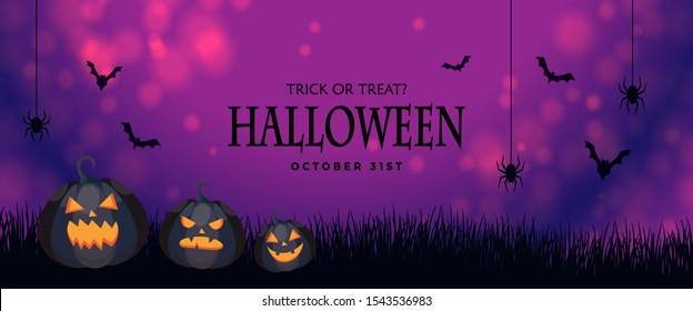 Halloween night and light purple background with pumpkin and bats and spider.Happy Halloween,trick or treat.