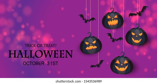 Halloween night and light purple background with pumpkin and bats.Happy Halloween,trick or treat.