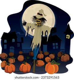 A Halloween night with a menacing scarecrow amidst a sea of pumpkins, illuminated by the radiant glow of a full moon