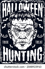 Halloween night monochrome vintage poster with spooky zombie head scary pumpkins and flying bats vector illustration