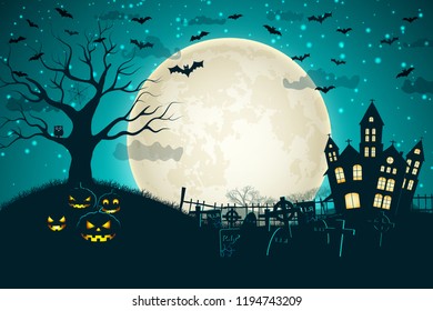 Halloween night moon composition with glowing pumpkins vintage castle and bats flying over cemetery flat vector illustration