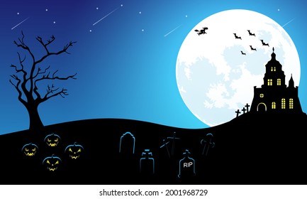 Halloween night moon composition with glowing pumpkins vintage castle and bats flying over cemetery 