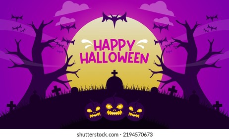 Halloween night moon composition with glowing pumpkins vintage castle and bats flying. Perfect for halloween backdrops, halloween invitations and party on halloween night.