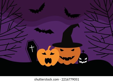 Halloween night moon composition with glowing pumpkins  and bats flying over cemetery 