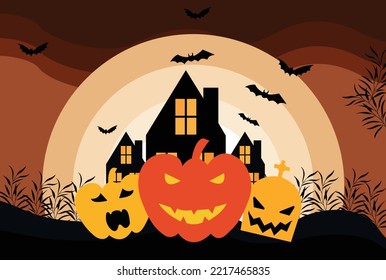 Halloween night moon composition with glowing pumpkins vintage castle and bats flying over cemetery flat