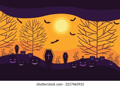 Halloween night moon composition with glowing pumpkins  and bats flying over cemetery 