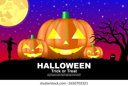 Halloween night moon composition with glowing pumpkins, antique castle and flying bats over graveyard