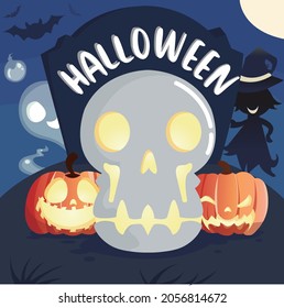 Halloween night moon with ghosts and glowing pumpkins and skeleton composition bats flying over the graveyard with witch plane premium vector