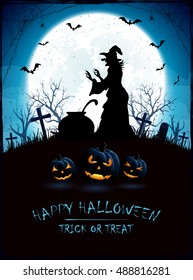 Halloween night with moon on sky background, pumpkins, witches cauldron and old witch on cemetery, illustration.