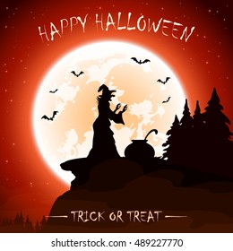 Halloween night with moon on sky background, witches cauldron and old witch on the mountain, illustration.