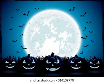 Halloween night with Moon and pumpkins in the grass, illustration.