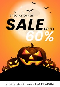 Halloween night with Moon and pumpkins on the yellow  background, groups of Halloween pumpkins  with sale off promo concept, Halloween concepts of banners design for sale promotion, Halloween vectors.