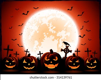 Halloween night with Moon and pumpkins on the cemetery background, illustration.