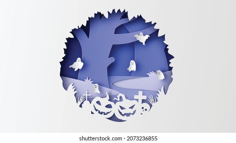 Halloween night mysterious forest scenery. Halloween night scenery. Paper art of Halloween. paper cut and craft style. vector, illustration.