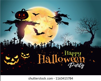 Halloween Night Mystery Graveyard background with Pumpkin head scarecrow Dracula castle and various silhouettes of flying bats against full moon