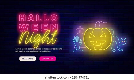 Halloween night neon flyer. Party invitation. Light advertising. Pumpkin, gravestone and cat. Landing page template. October greeting card. Season october event. Vector stock illustration