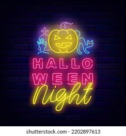 Halloween night neon signboard. Pumpkin, gravestone and cat. October greeting card. Season october party. Shiny signboard. Night club invitation. Vector stock illustration
