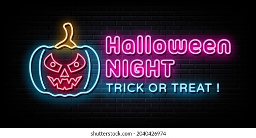 Halloween Night Neon Signs Vector. Design Template Neon Style