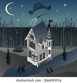 Halloween. Night. October. The house at the edge of the forest. Vector isometry. 
