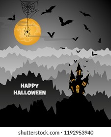 halloween night, old castle, hills,  big yellow moon, spider,  flying bats, dirty grey  background, vector illustration