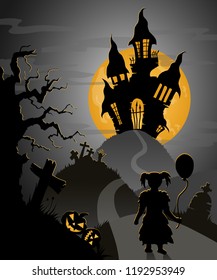 halloween night, old castle, little girl with ballon going to castle,  big yellow moon,  dry tree,  grave cross, two pumpkins, grey background, vector illustration