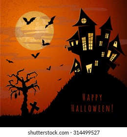 halloween night, old castle, little girl with ballon standing in the doorway, orange sky, big yellow moon, flying bats, dry tree and near grave cross, vector illustration