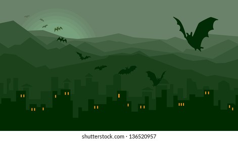 Halloween night old scary city town.
