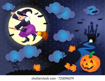 Halloween night with old witch, castle and pumpkin. Vector illustration 