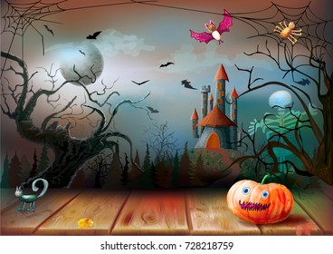 Halloween night on the background of the full moon and dark castle with pumpkin, bat, skeleton. Vector