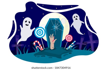 Halloween night on cemetery with full moon, ghost and sweet candies. October holiday tradition, celebration invitation flyer design. Cartoon flat vector illustration