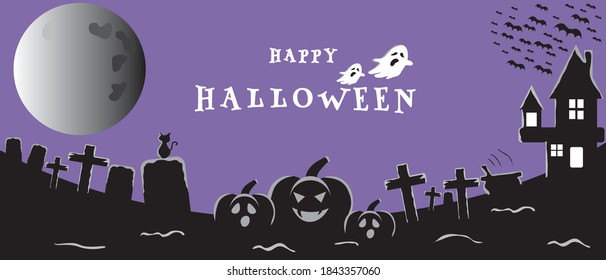 Halloween night on purple background with pumpkin, haunted house, and full moon. Vector illustration.

