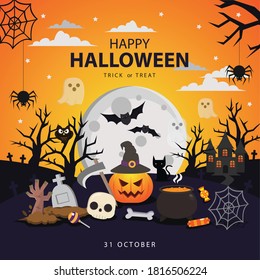 halloween night with orange sky banner, Vector Flat Illustration.