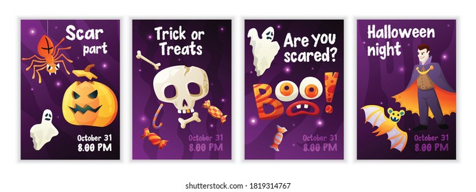 Halloween night party 4 festive bright scary posters set with spiders skulls bones pumpkin head vector illustration 