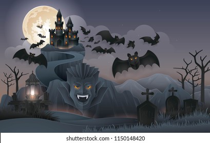 Halloween Night party background, Abstract Dracula's Castle Rock Mountain with bats monster, graveyard, full moon, zombie, tree, and lantern. Paper art vector and illustration
