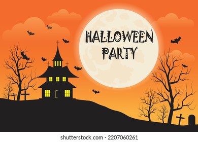 Halloween night Party background, dark castle on the hill and the moon background,. vector illustration
