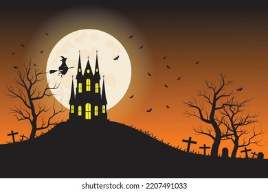 Halloween night Party background, dark castle on the hill and the moon background,. vector illustration