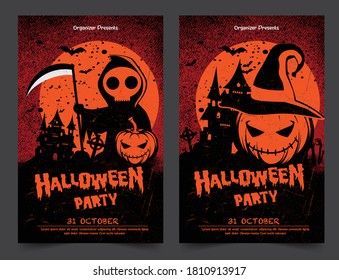 Halloween night party background with full Moon, Halloween banners with pumpkins
