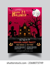 Halloween night party background with ghost and full moon. Flyer or invitation template for Halloween party. Vector illustration, Optional Flyer, Poster, Events, Advertising, Announcement Graphic