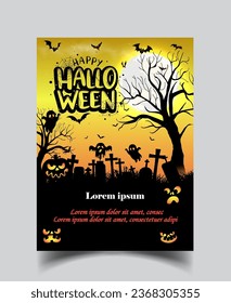 Antecedentes nocturnos de Halloween con fantasma y luna llena. Plantilla de volante o invitación para la fiesta de Halloween. Ilustración vectorial, Volante opcional, afiche, eventos, publicidad, gráfico de anuncio