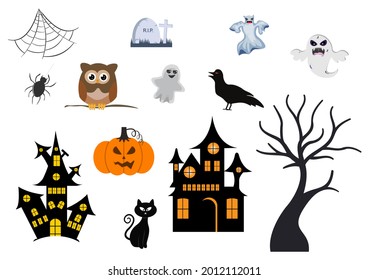 Halloween Night Party Background Silhouette Landing Page Illustration With Witch, Haunted House, Pumpkins, Bats and Other. For Add Your Design Style