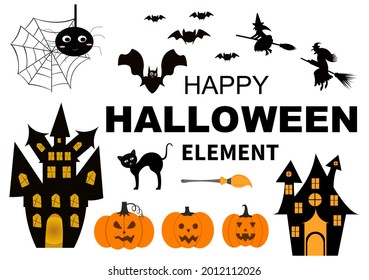 Halloween Night Party Background Silhouette Landing Page Illustration With Witch, Haunted House, Pumpkins, Bats and Other. For Add Your Design Style