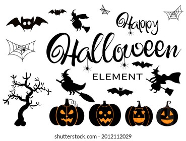 Halloween Night Party Background Silhouette Landing Page Illustration With Witch, Haunted House, Pumpkins, Bats and Other. For Add Your Design Style