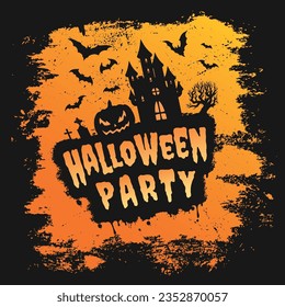 Halloween night party banner colorful with festive pumpkin near mansion with bats for nightclub interior design vector illustration